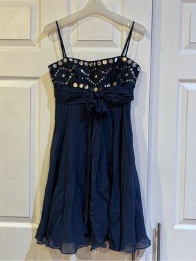 BCBGMAXAZRIA Vintage Y2K Silk Navy Chiffon Party Dress with Sequin Bodice